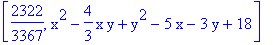 [2322/3367, x^2-4/3*x*y+y^2-5*x-3*y+18]